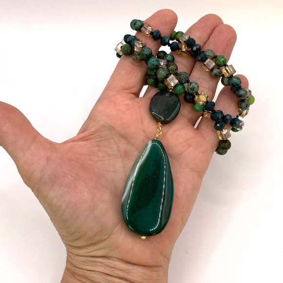 Beautiful Green Stone Agate Champagne Crystal Beads Long Necklace J844 - Picture 5 of 5